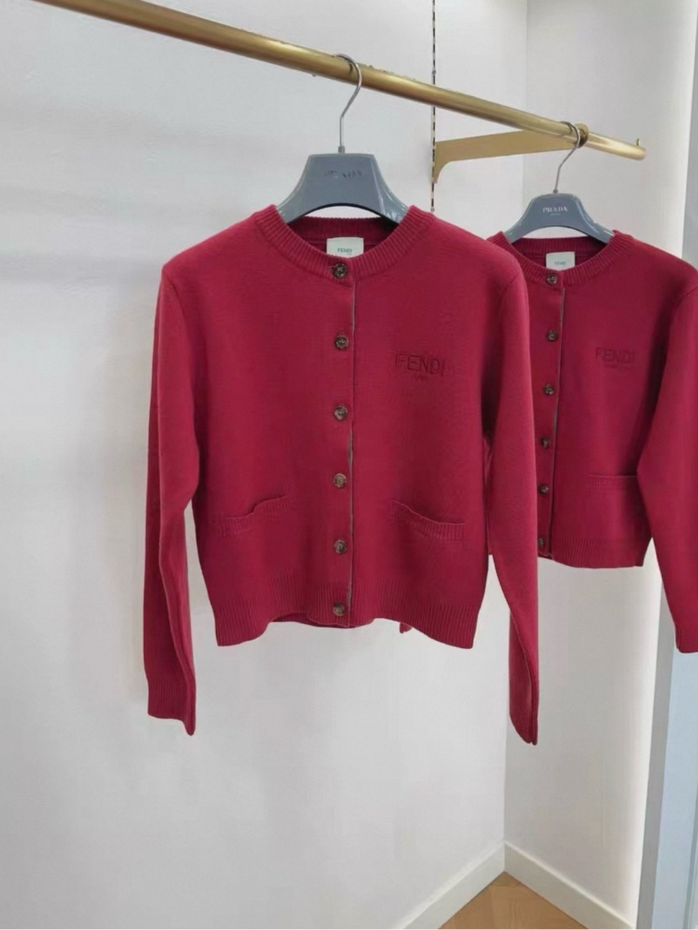 Fendi Girls Deep Red Button-Up Knit Cardigan